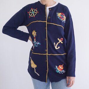 Vintage Chaus Sport Navy Embroidered Nautical Boating Sailing Button Cardigan S